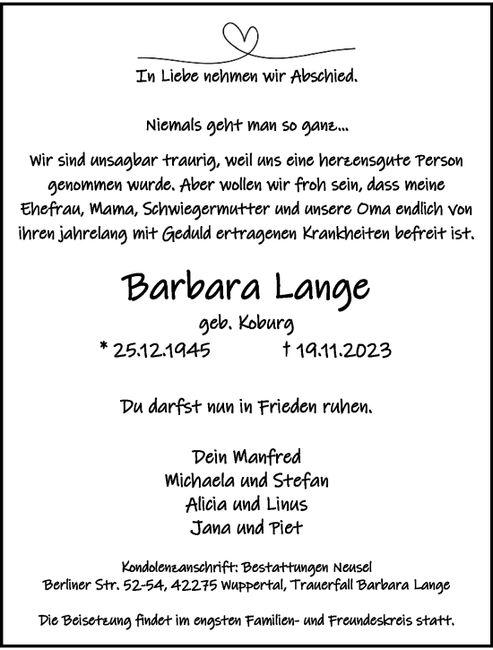 Traueranzeige von Barbara Lange von trauer.wuppertaler-rundschau.de