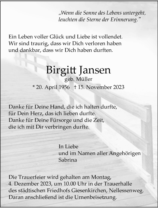 Traueranzeige von Birgitt Jansen von trauer.extra-tipp-moenchengladbach.de