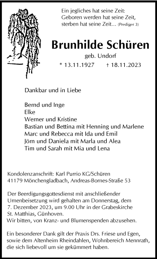 Traueranzeige von Brunhilde Schüren von trauer.extra-tipp-moenchengladbach.de
