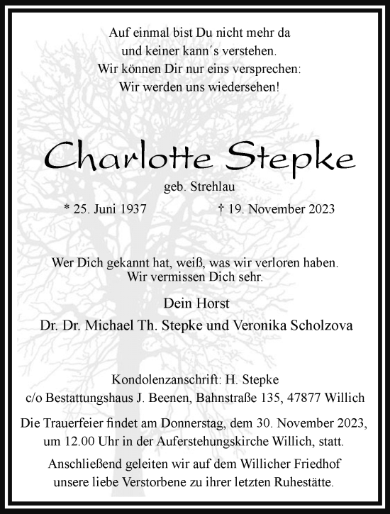 Traueranzeige von Charlotte Stepke von trauer.extra-tipp-moenchengladbach.de