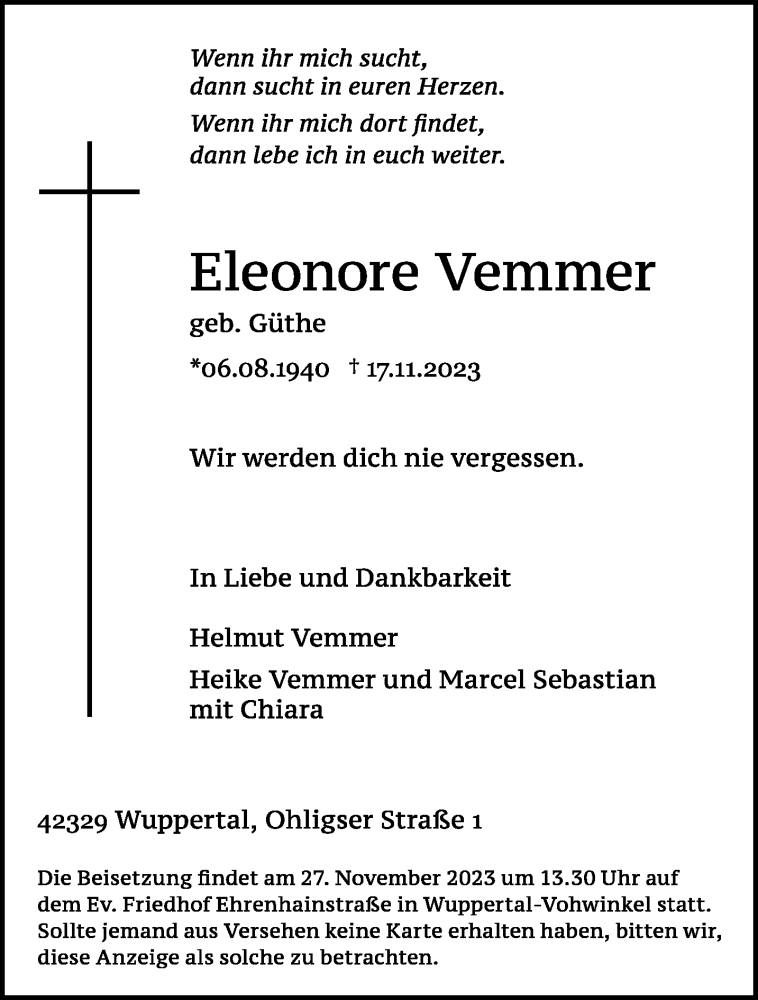  Traueranzeige für Eleonore Vemmer vom 25.11.2023 aus trauer.wuppertaler-rundschau.de