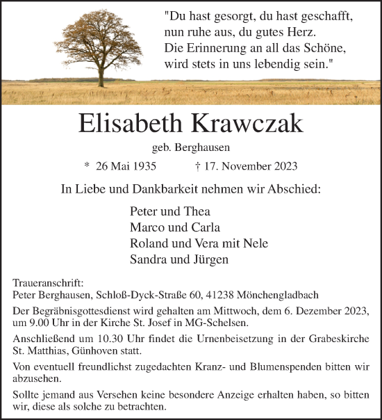 Traueranzeige von Elisabeth Krawczak von trauer.extra-tipp-moenchengladbach.de