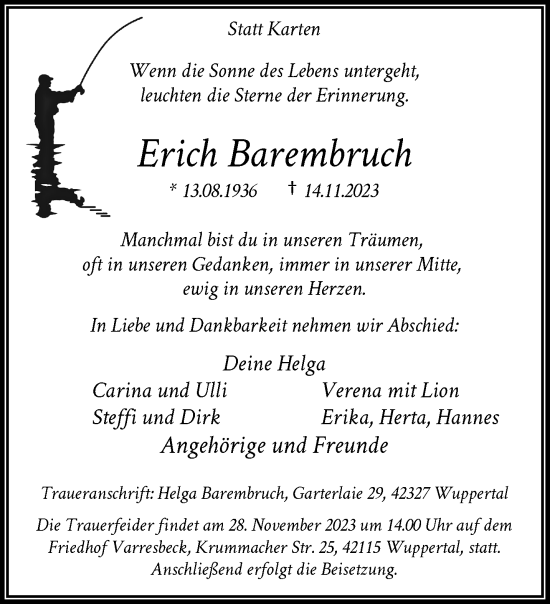 Traueranzeige von Erich Barembruch von trauer.wuppertaler-rundschau.de