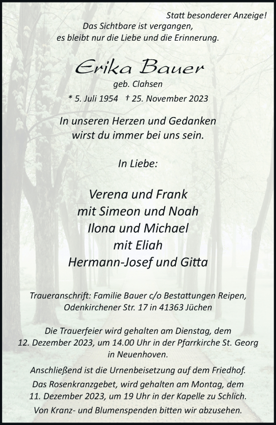 Traueranzeige von Erika Bauer von trauer.stadt-kurier.de