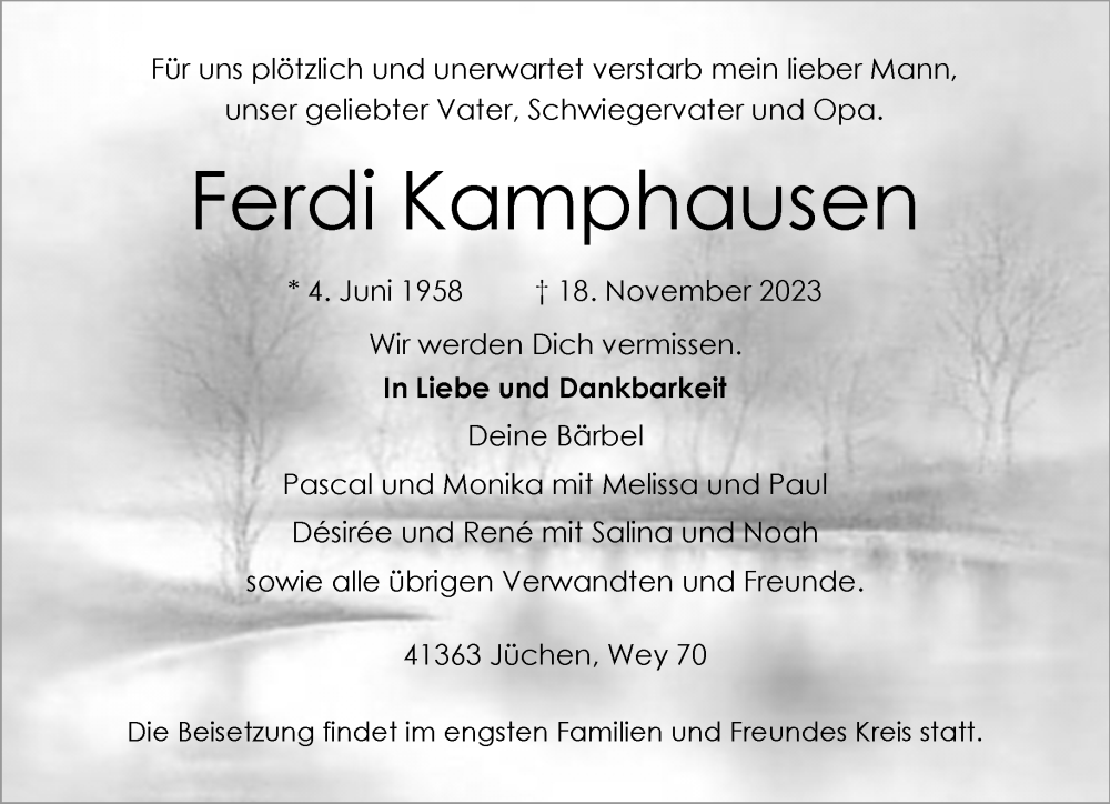  Traueranzeige für Ferdi Kamphausen vom 26.11.2023 aus trauer.extra-tipp-moenchengladbach.de