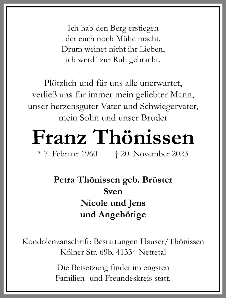  Traueranzeige für Franz Thönissen vom 26.11.2023 aus trauer.extra-tipp-moenchengladbach.de