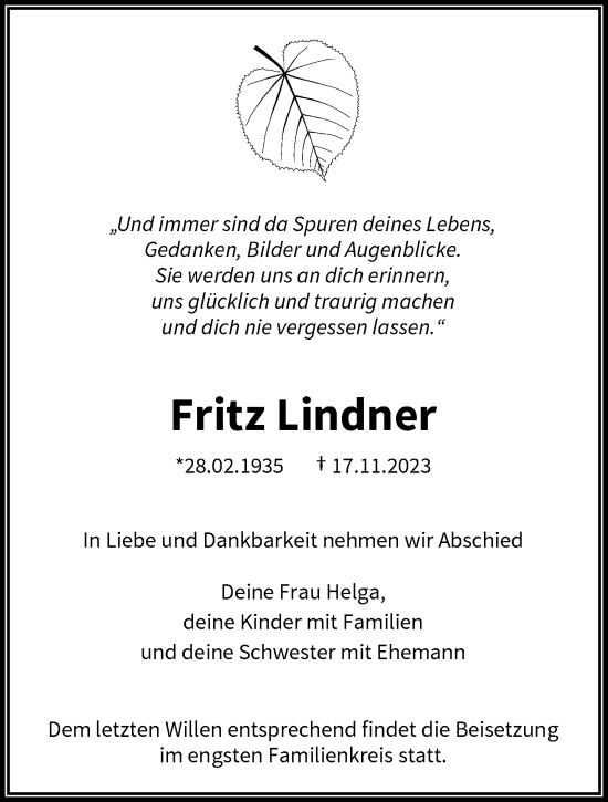 Traueranzeige von Fritz Lindner von trauer.wuppertaler-rundschau.de