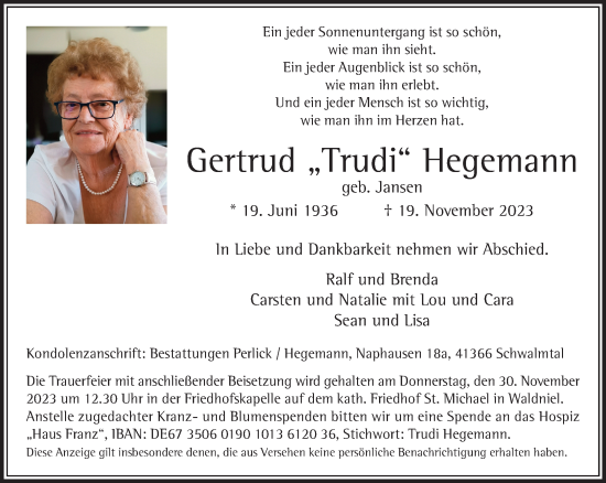 Traueranzeige von Gertrud Hegemann von trauer.extra-tipp-moenchengladbach.de