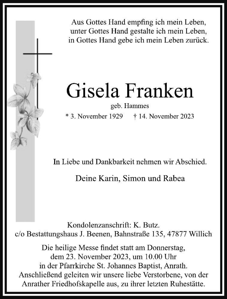  Traueranzeige für Gisela Franken vom 19.11.2023 aus trauer.extra-tipp-moenchengladbach.de