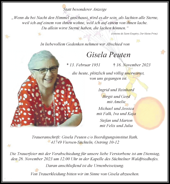 Traueranzeige von Gisela Peuten von trauer.extra-tipp-moenchengladbach.de