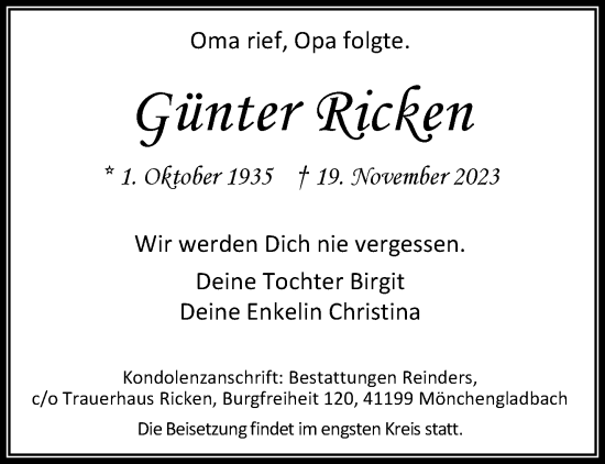 Traueranzeige von Günter Ricken von trauer.extra-tipp-moenchengladbach.de