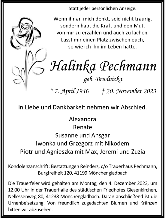 Traueranzeige von Halinka Pechmann von trauer.extra-tipp-moenchengladbach.de