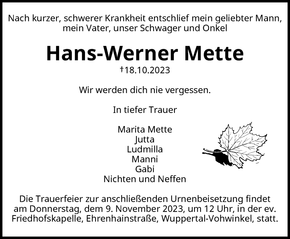  Traueranzeige für Hans-Werner Mette vom 04.11.2023 aus trauer.wuppertaler-rundschau.de