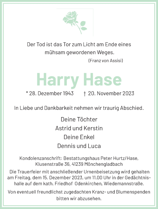 Traueranzeige von Harry Haase von trauer.extra-tipp-moenchengladbach.de