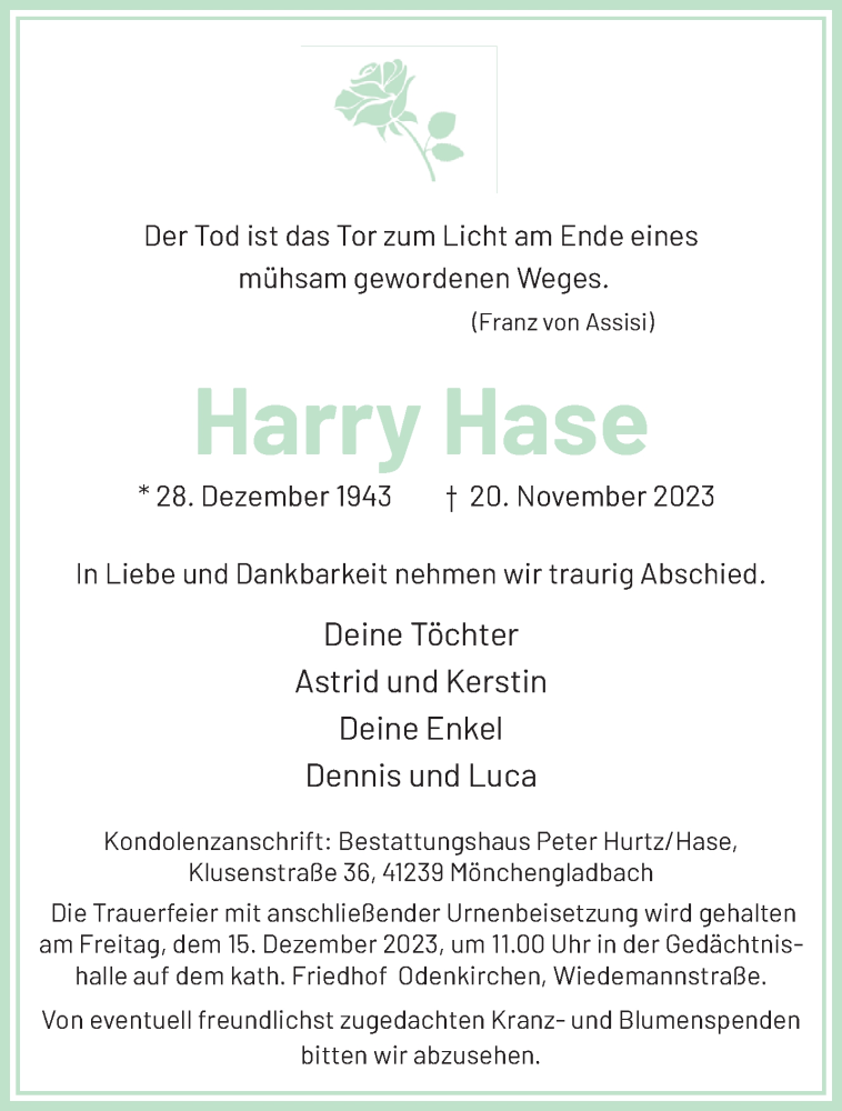  Traueranzeige für Harry Haase vom 03.12.2023 aus trauer.extra-tipp-moenchengladbach.de