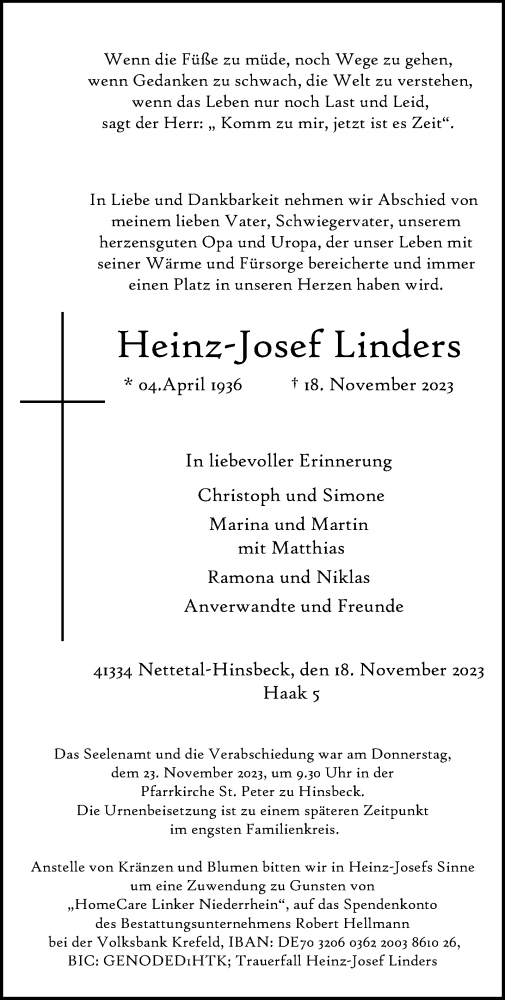  Traueranzeige für Heinz-Josef Linders vom 26.11.2023 aus trauer.extra-tipp-moenchengladbach.de