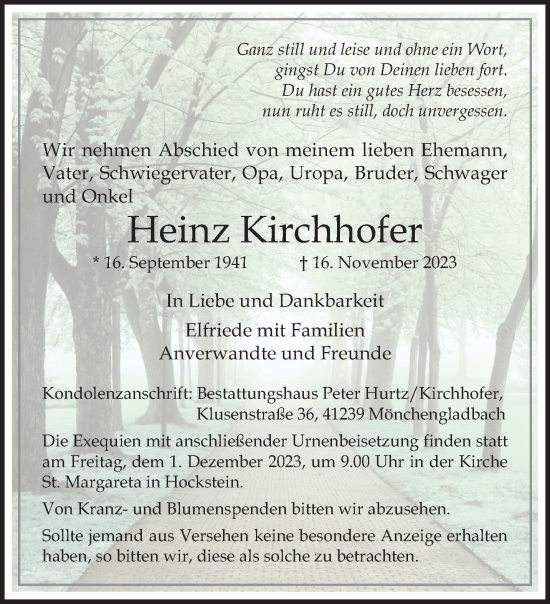 Traueranzeige von Heinz Kirchhofer von trauer.extra-tipp-moenchengladbach.de