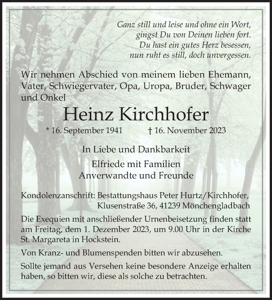  Traueranzeige für Heinz Kirchhofer vom 26.11.2023 aus trauer.extra-tipp-moenchengladbach.de