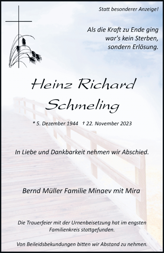 Traueranzeige von Heinz Richard Schmeling von trauer.stadt-kurier.de