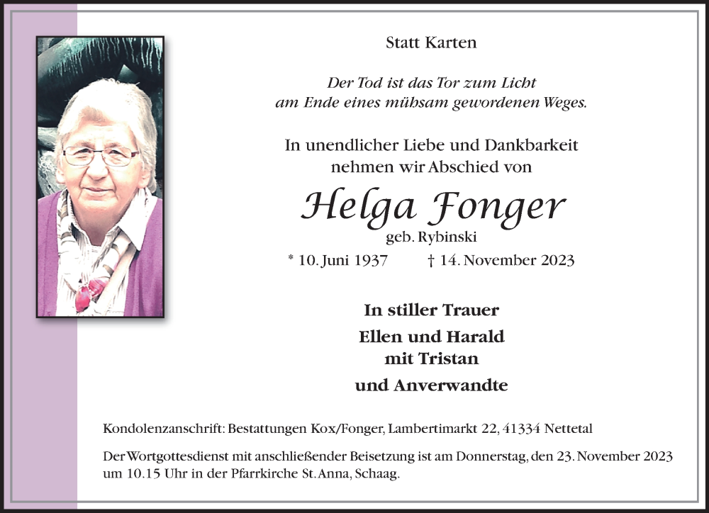  Traueranzeige für Helga Fonger vom 19.11.2023 aus trauer.extra-tipp-moenchengladbach.de