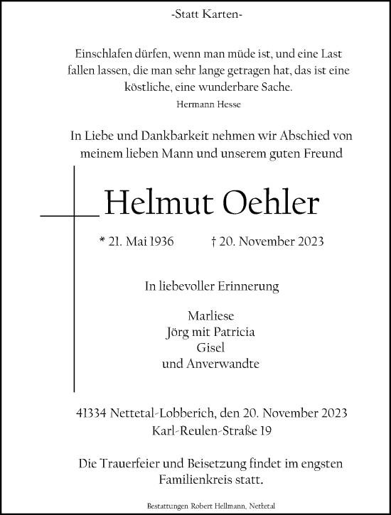 Traueranzeige von Helmut Oehler von trauer.extra-tipp-moenchengladbach.de