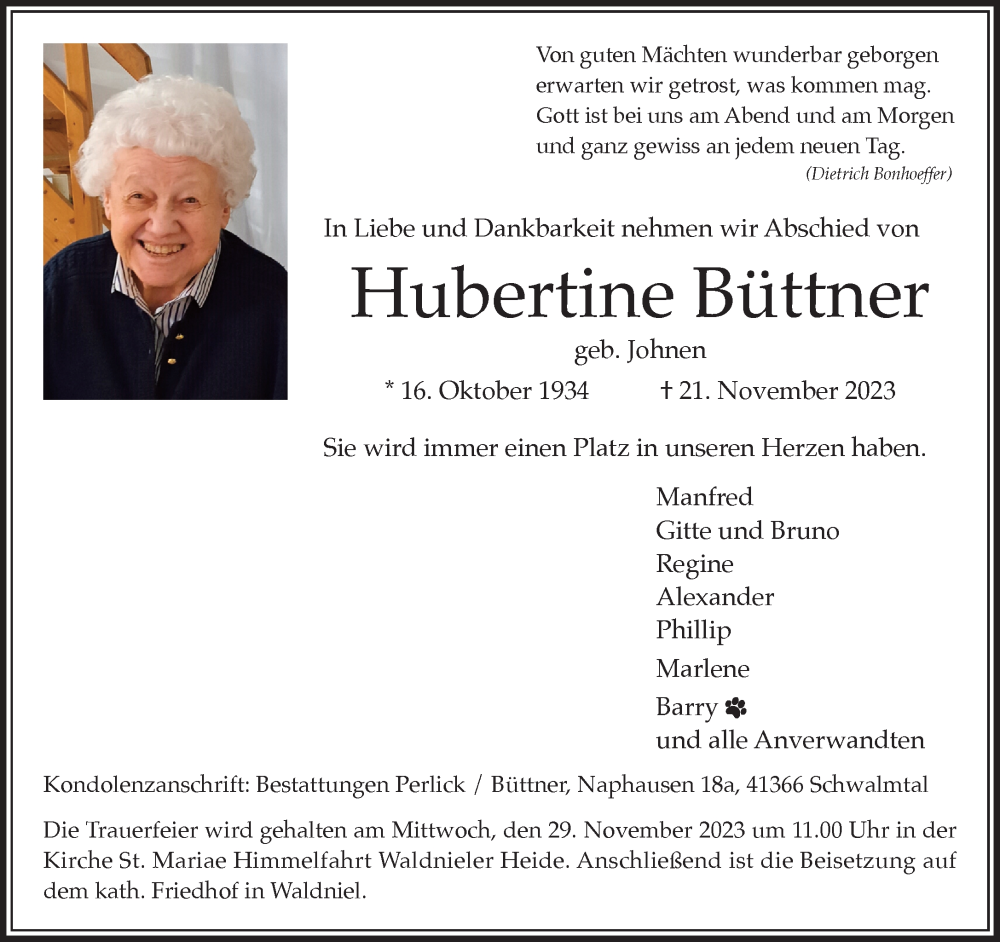  Traueranzeige für Hubertine Büttner vom 26.11.2023 aus trauer.extra-tipp-moenchengladbach.de