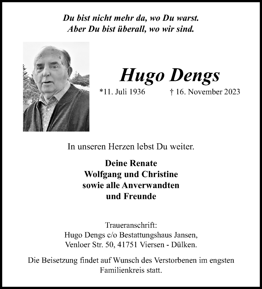  Traueranzeige für Hugo Dengs vom 26.11.2023 aus trauer.extra-tipp-moenchengladbach.de