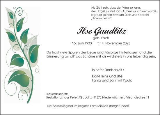Traueranzeige von Ilse Gaudlitz von trauer.extra-tipp-moenchengladbach.de