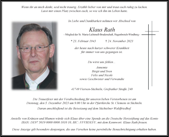 Traueranzeige von Klaus Rath von trauer.extra-tipp-moenchengladbach.de