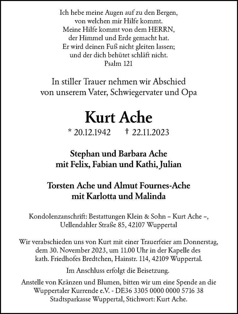  Traueranzeige für Kurt Ache vom 25.11.2023 aus trauer.wuppertaler-rundschau.de