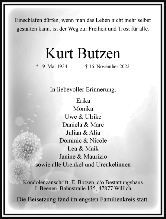 Traueranzeige von Kurt Butzen von trauer.extra-tipp-moenchengladbach.de
