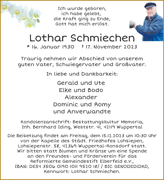 Traueranzeige von Lothar Schmiechen von trauer.wuppertaler-rundschau.de
