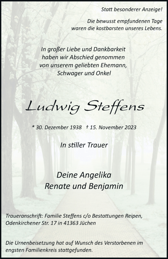 Traueranzeige von Ludwig Steffens von trauer.extra-tipp-moenchengladbach.de