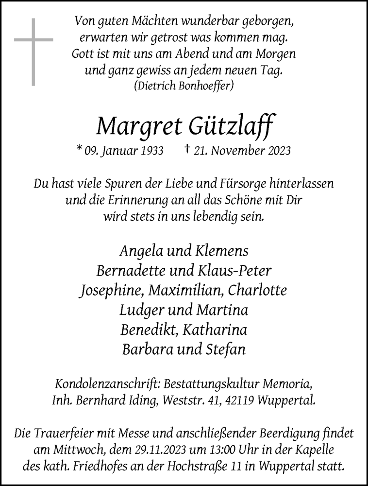  Traueranzeige für Margret Gützlaff vom 25.11.2023 aus trauer.wuppertaler-rundschau.de