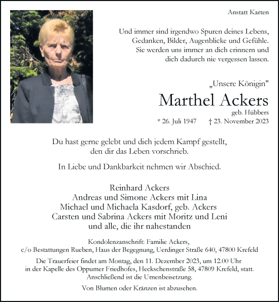 Traueranzeige von Marthel Ackers von trauer.extra-tipp-moenchengladbach.de