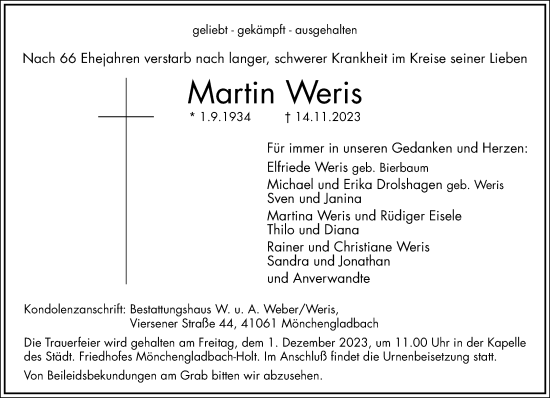 Traueranzeige von Martin Weris von trauer.extra-tipp-moenchengladbach.de