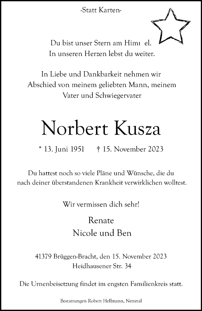  Traueranzeige für Norbert Kusza vom 26.11.2023 aus trauer.extra-tipp-moenchengladbach.de