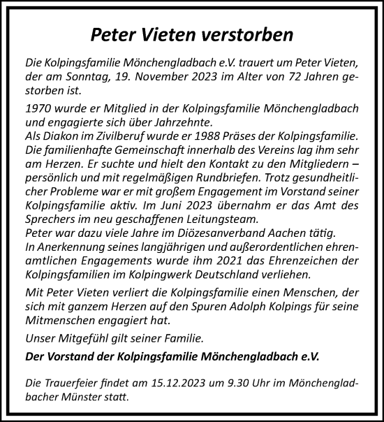 Traueranzeige von Peter Vieten von trauer.extra-tipp-moenchengladbach.de