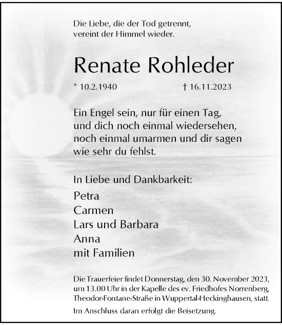 Traueranzeige von Renate Rohleder von trauer.wuppertaler-rundschau.de
