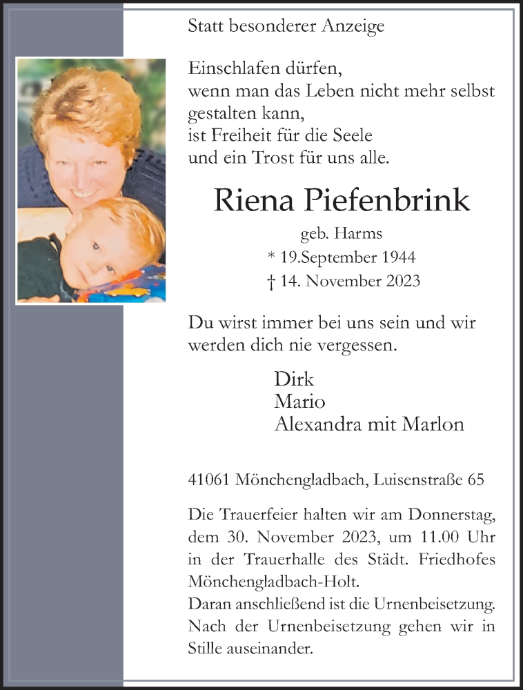  Traueranzeige für Riena Piefenbrink vom 26.11.2023 aus trauer.extra-tipp-moenchengladbach.de