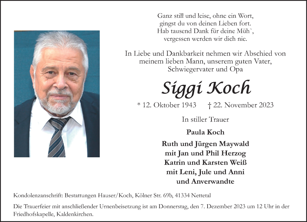  Traueranzeige für Siggi Koch vom 26.11.2023 aus trauer.extra-tipp-moenchengladbach.de