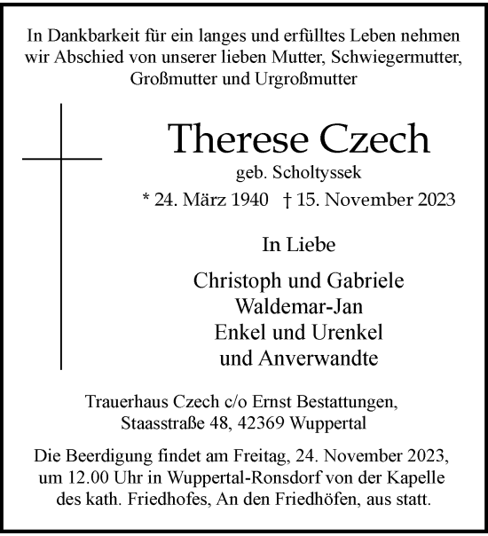 Traueranzeige von Therese Czech von trauer.wuppertaler-rundschau.de