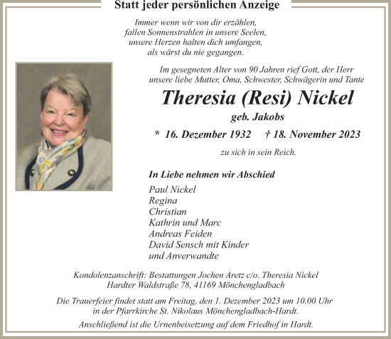 Traueranzeige von Theresia Nickel von trauer.extra-tipp-moenchengladbach.de