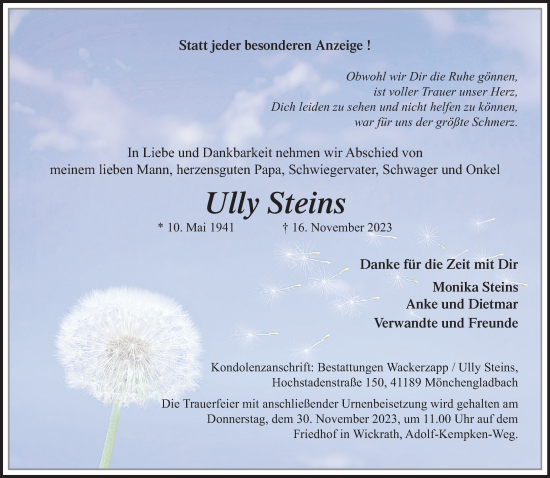 Traueranzeige von Ully Steins von trauer.extra-tipp-moenchengladbach.de
