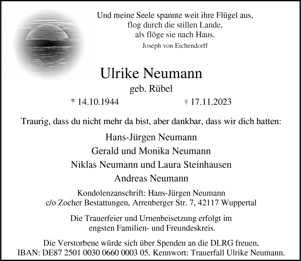  Traueranzeige für Ulrike Neumann vom 25.11.2023 aus trauer.wuppertaler-rundschau.de