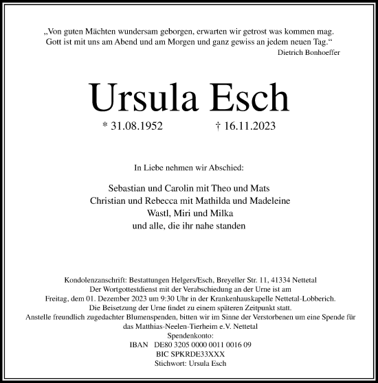 Traueranzeige von Ursula Esch von trauer.extra-tipp-moenchengladbach.de