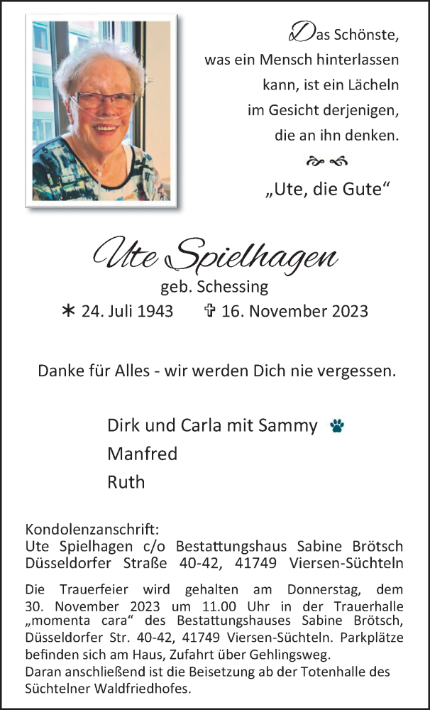  Traueranzeige für Ute Spielhagen vom 26.11.2023 aus trauer.extra-tipp-moenchengladbach.de