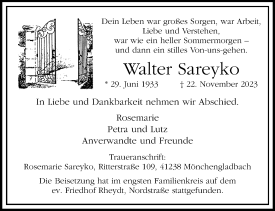 Traueranzeige von Walter Sareyko von trauer.extra-tipp-moenchengladbach.de