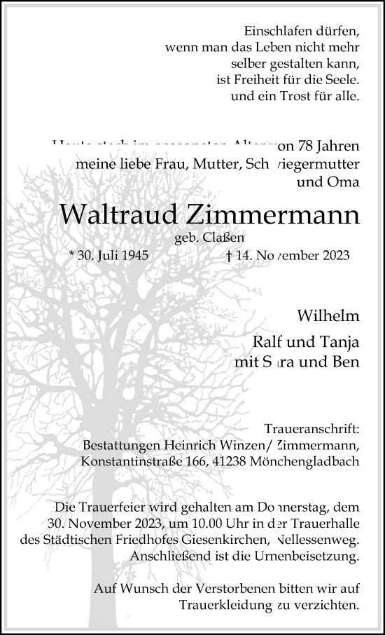 Traueranzeige von Waltraud Zimmermann von trauer.extra-tipp-moenchengladbach.de