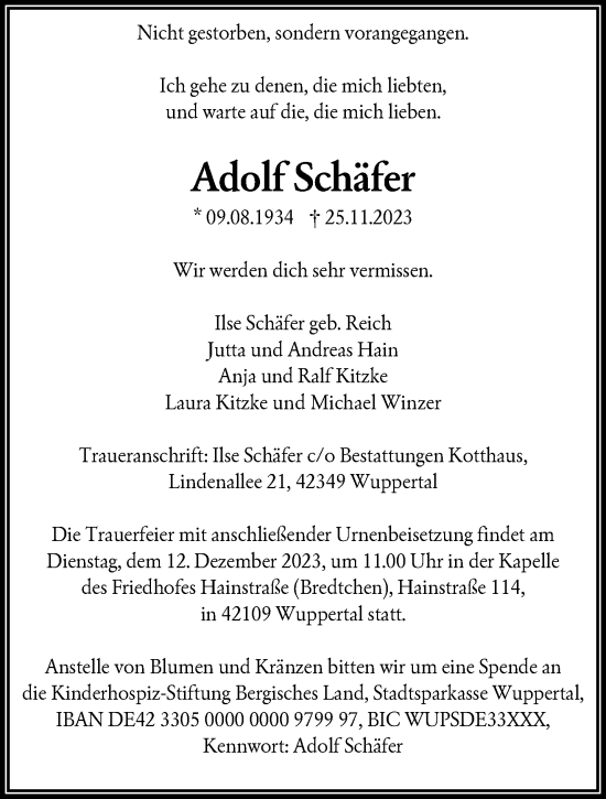 Traueranzeige von Adolf Schäfer von trauer.wuppertaler-rundschau.de